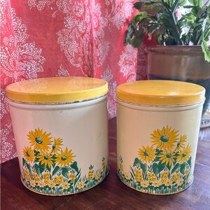 Set of 2 Vintage Metal Sunflower Canisters for Home Decor